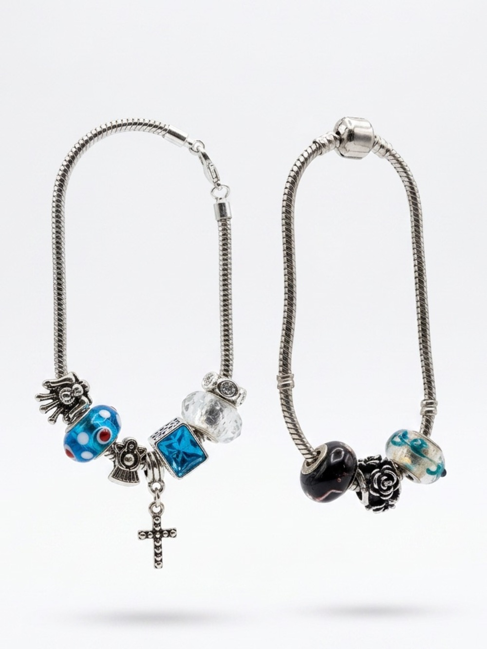 Silver Tone Charm Bracelets with Blue Glass Beads, Pandora style